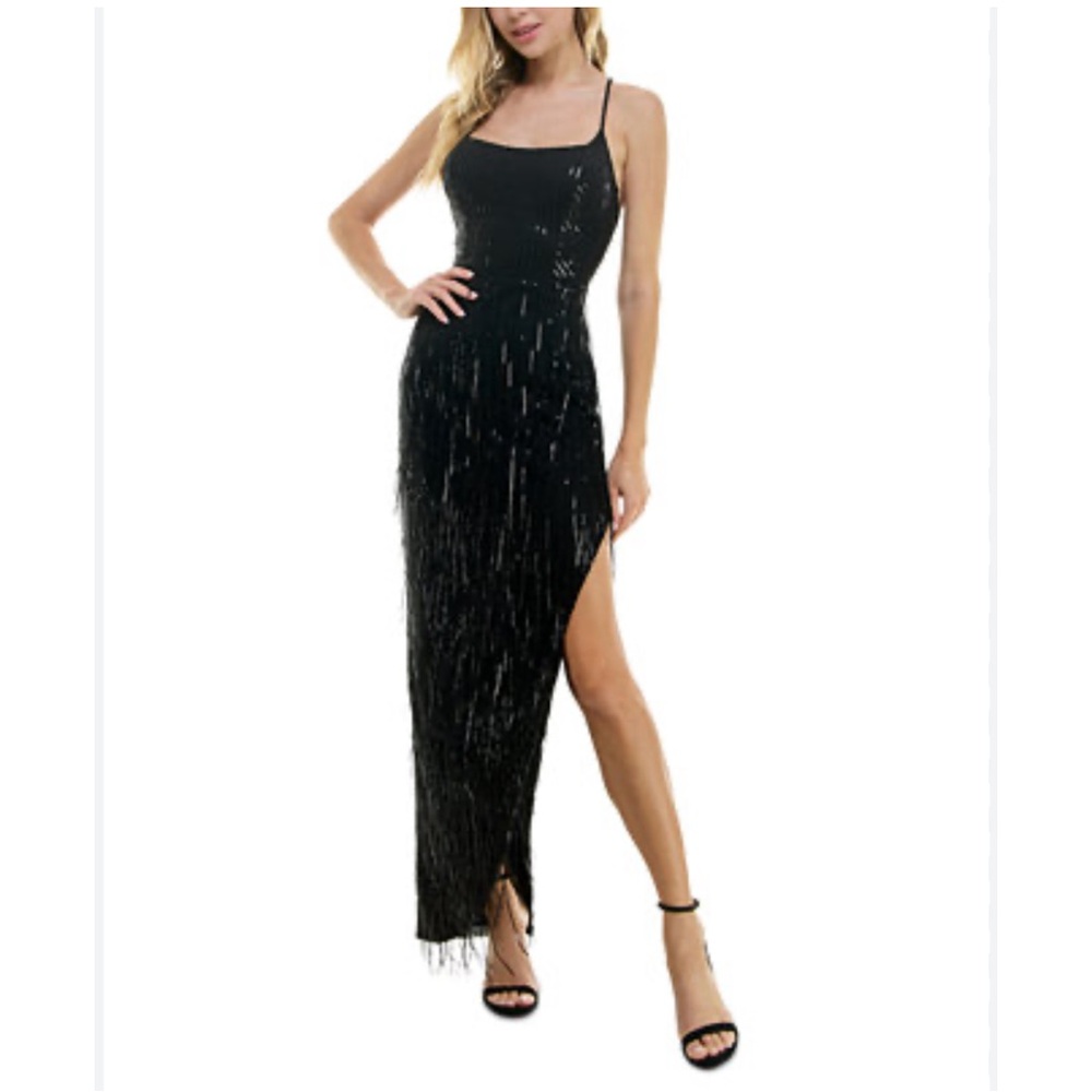 CITY STUDIO Juniors' Fringed-Sequin Illusion-Back Gown Sz 1/2